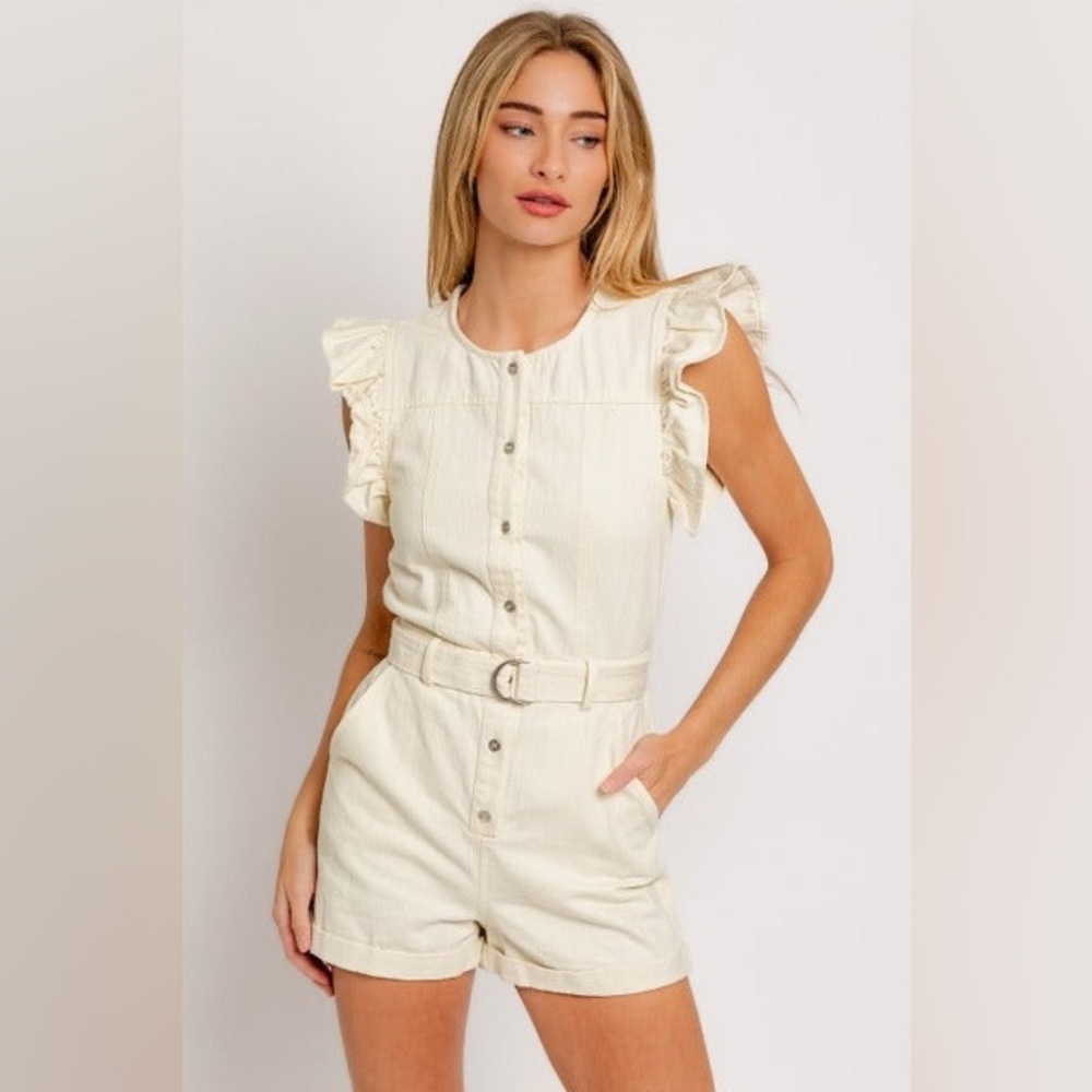 Ruffle Sleeve Twill Denim Button Down Romper with Belt - Le Lis